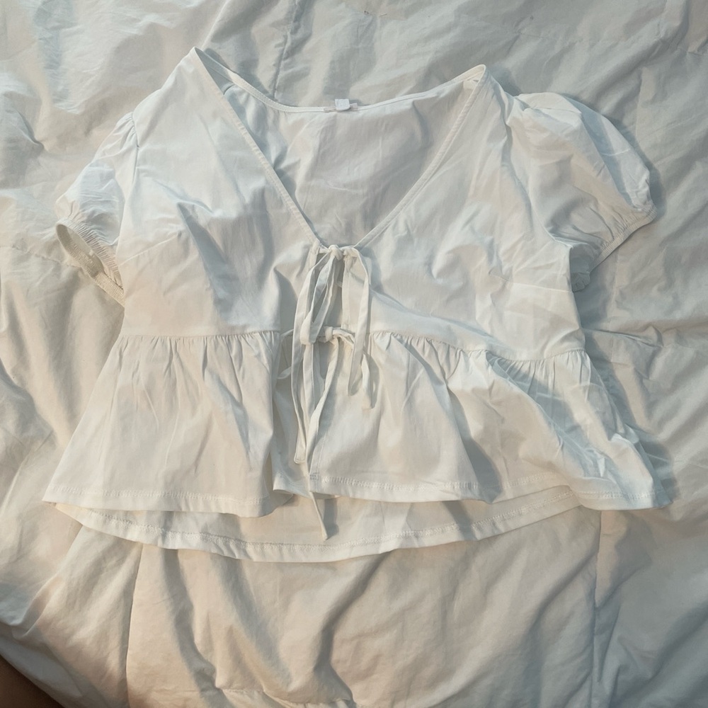 Garage White Tie Front Peplum Blouse Cap Sleeve